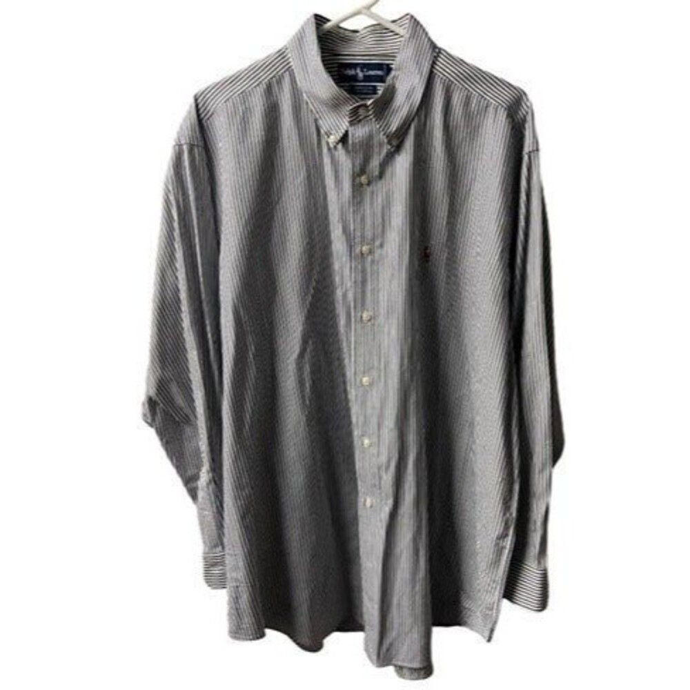 Ralph Lauren Shirt Mens 17 /34 Gray White Vertical Striped Dressed Button Down
